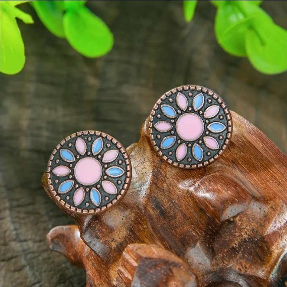 Bohemian Style Pink and Blue Floral Stud Earrings. New!